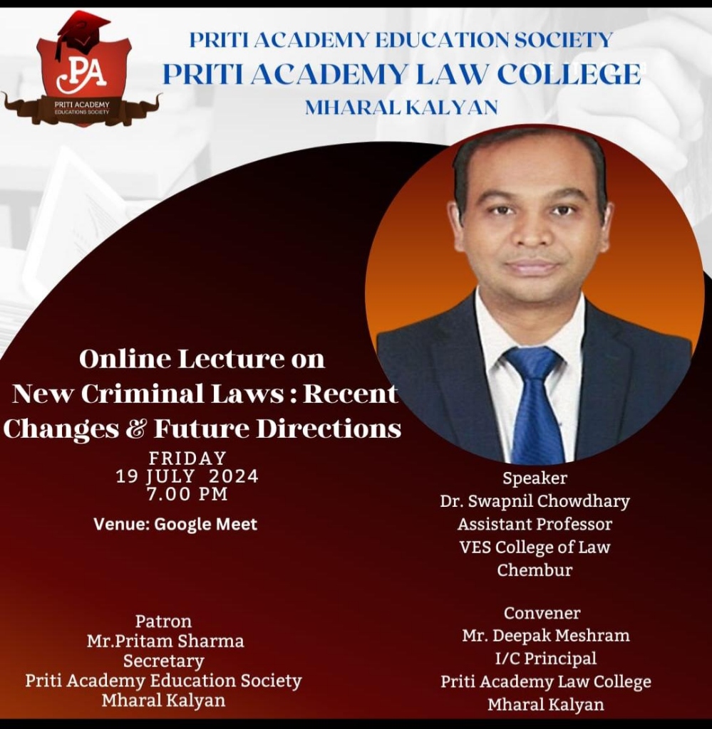Official Event Poster - Online Lecture on New Criminal Laws at Priti Academy Law College